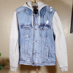 Hollister Epic Flex Blue Distressed Denim Jacket Gray Sleeves Hoodie Large